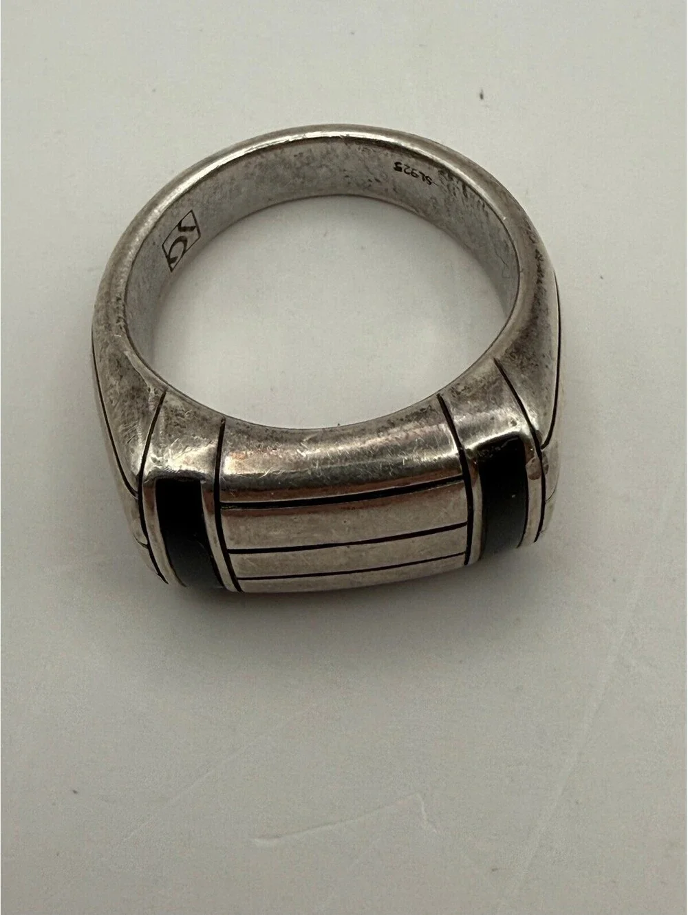 925 Sterling Silver Modern Geometric Black Inlay Band Ring Size 10 Signed
